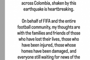因凡蒂诺社媒发文，代表FIFA对哥伦比亚地震灾民表白慰问