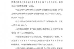 官方：国安表援达万禁赛6场？6万！